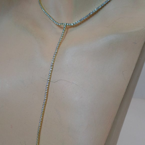 Worn 1X Unbranded Goldtone & CZ Bling Necklace "Y" Adj 15"  Tail  6.5" Beautiful - Picture 2 of 9